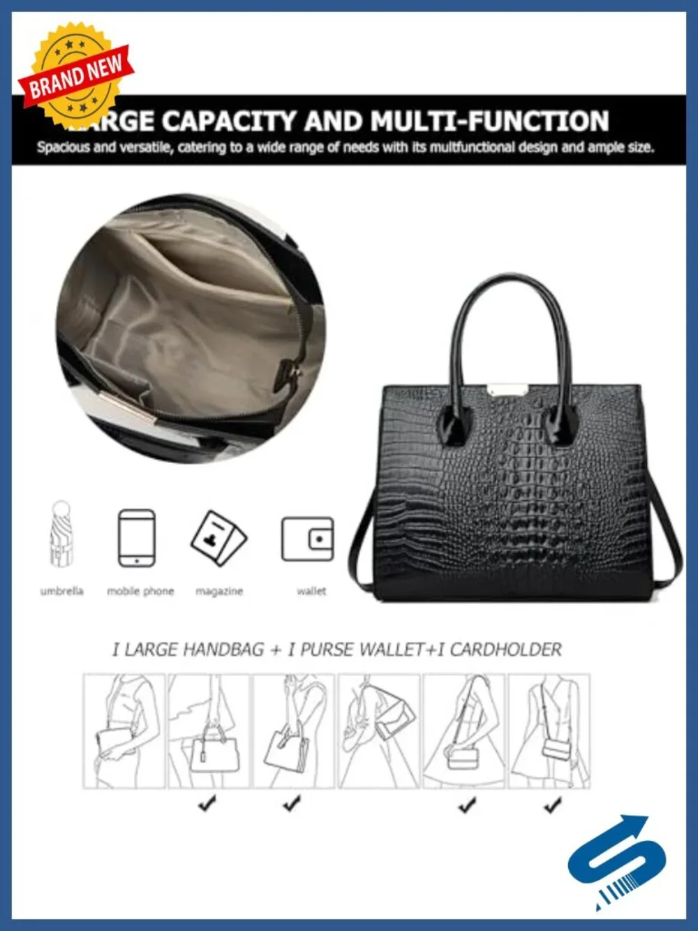 3pc Faux Leather Tote Handbag Set with Wallet and Cardholder, Crocodile Embossed